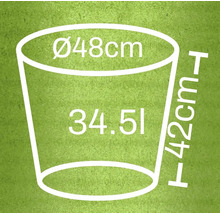 Diagramm eines Pflanzgefäßes mit den Maßen 48 Zentimeter Durchmesser, 42 Zentimeter Höhe und 34,51 Liter Volumen