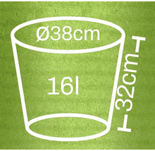 Abmessungsskizze eines Behälters mit einem Durchmesser von 38 cm, einer Höhe von 32 cm und einem Volumen von 16 Litern