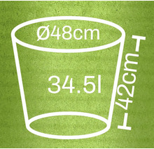 Illustration eines Pflanzgefäßes mit den Maßen Durchmesser 48 cm, Höhe 42 cm und 34,51 Liter Volumen