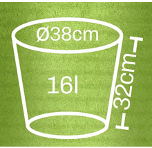 Abbildung der Maße eines Pflanzgefäßes: Durchmesser 38 Zentimeter, Höhe 32 Zentimeter, Volumen 16 Liter
