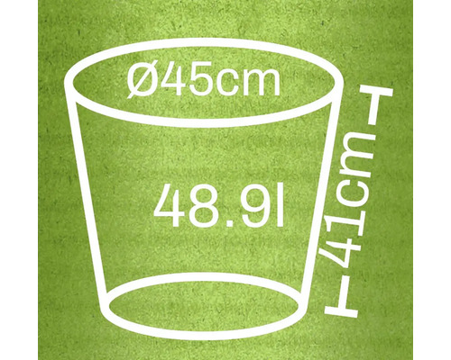 Skizze eines Pflanzgefäßes mit Maßangaben: Durchmesser 45 cm, Höhe 41 cm, Volumen 48,91 Liter
