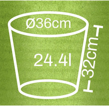 Pflanzkübel mit den Maßen Durchmesser 36 cm, Höhe 32 cm und Volumen 24,4 Liter.