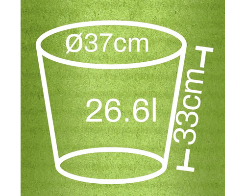 Abbildung der Abmessungen eines Pflanzgefäßes: Durchmesser 37 cm, Höhe 33 cm, Volumen 26,61 Liter