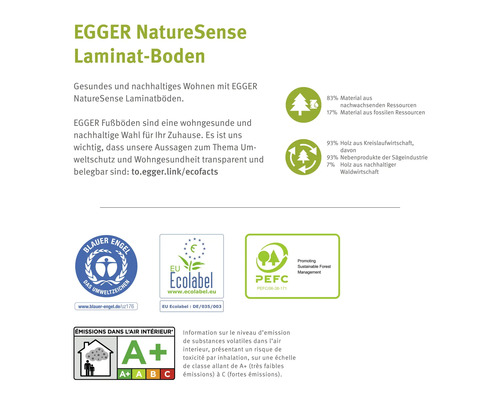 Umweltzertifikate für EGGER NatureSense Laminatboden: Blauer Engel, EU Ecolabel, PEFC und Emissionsklasse A plus. Informationen zu nachhaltigem Holz.