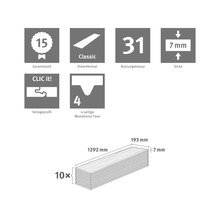 15 Jahre Garantie, Klasse 31, 7 Millimeter Dicke, Profil CLIC it, 4-seitige Woodvision Fase. 1292 Millimeter Länge, 193 Millimeter Breite, 10 Stück.