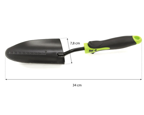 Gartenschaufel mit einer Länge von 34 cm und einer Blattbreite von 7,8 cm.