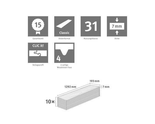 15 Jahre Garantie, Nutzungsklasse 31, 7 Millimeter Dicke, CLIC it! Verlegesystem, 4-seitige Fase. Maße 1292 mal 193 mal 7 Millimeter, 10 Stück.