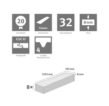 20 Jahre Garantie, Nutzungsklasse 32, 8 Millimeter Dicke, CLIC it Profil, Woodvision Fase, 8 Dielen pro Paket, 1292 mal 193 mal 8 Millimeter.