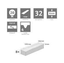 Laminat: 20 Jahre Garantie, Nutzungsklasse 32, 8 Millimeter Dicke, CLIC it Profil, 4-seitige Woodvision Fase. 8 Stück, 1292 mal 246 Millimeter.