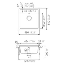 Technische Zeichnung einer quadratischen Küchenspüle mit Maßangaben in Millimeter und Zoll, Draufsicht und Seitenansicht.