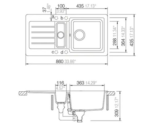 Technische Zeichnung einer Einbauspüle mit 1,5 Becken und Abtropffläche sowie Maßangaben in Millimeter und Zoll.