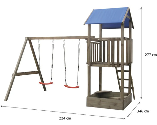 Spielturm aus Holz mit Doppelschaukel, Kletterleiter, Podest mit Dach und integriertem Sandkasten. Maße: 224 mal 346 mal 277 Zentimeter.