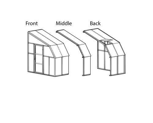 Schematische Darstellung der Module eines Gewächshauses: Vorderteil, Mittelteil und Rückteil.