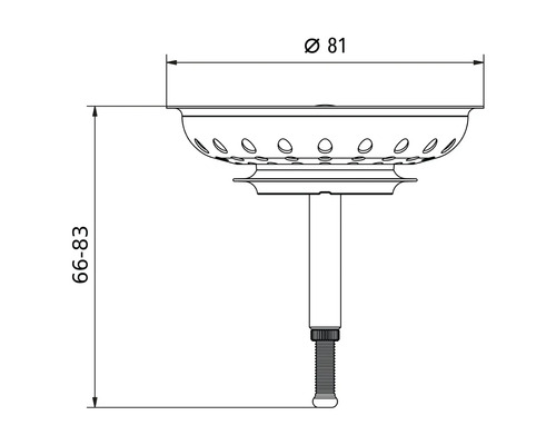 Technische Zeichnung eines Siebkörbchens für Spülbecken mit einem Durchmesser von 81 Millimeter und einer Höhe von 66 bis 83 Millimeter.