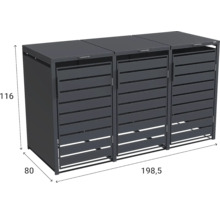 Dreier Mülltonnenbox aus Metall in Anthrazit, Maße 116 mal 198,5 mal 80 Zentimeter.