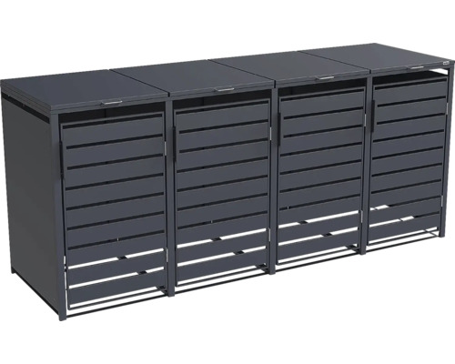 Mülltonnenbox für vier Abfalltonnen aus Metall mit horizontalen Lamellen und Klappdeckeln.