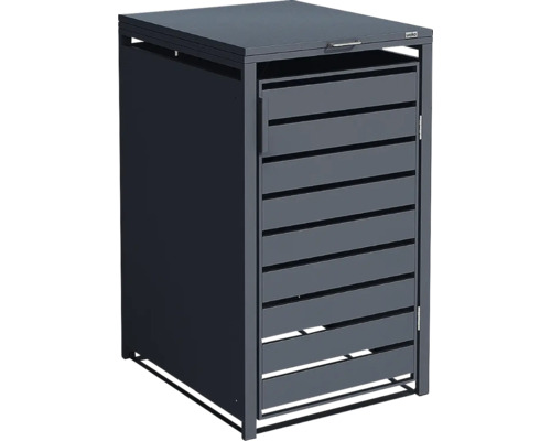 Weka Mülltonnenbox aus Metall in Anthrazit mit Klappdeckel und Lamellentür.