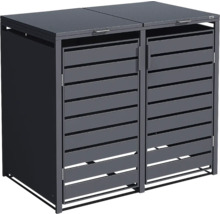 Mülltonnenbox für zwei Tonnen aus Metall mit Lamellentüren und Flachdeckel in Anthrazit.