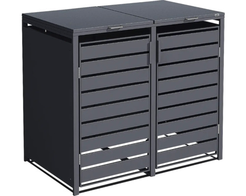 Mülltonnenbox für zwei Tonnen aus Metall mit Lamellentüren und Flachdeckel in Anthrazit.