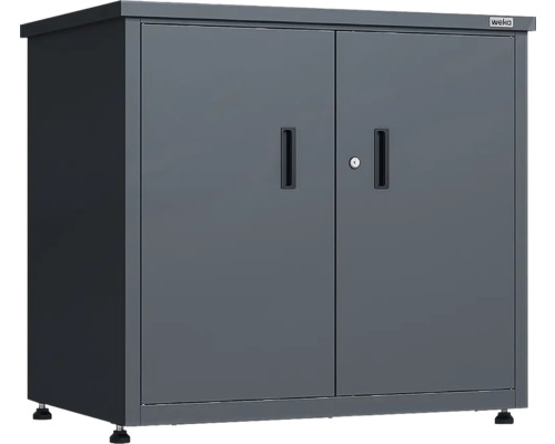 Weka Gartenschrank aus Metall mit Doppeltür, Schloss, Griffmulden und höhenverstellbaren Füßen.