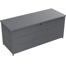 Garten-Auflagenbox aus Metall in Grau mit Schloss und horizontalen Zierlinien.