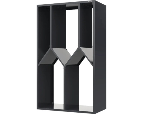 Anthrazitfarbenes Weinregal aus Metall von weka mit vertikalen Trennwänden und angewinkelten Ablageböden.