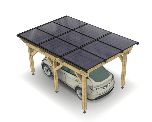Solar-Carport aus Holz mit Photovoltaik-Modulen auf dem Dach und einem darunter parkenden Elektroauto.