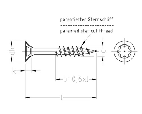 Technische Zeichnung einer Senkkopfschraube mit patentiertem Sternschliff, Stern-Antrieb und markierten Maßen für Länge und Durchmesser.
