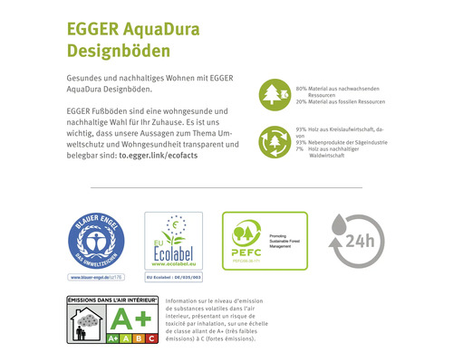 Nachhaltigkeitsinformationen für EGGER AquaDura Böden: Blauer Engel, EU Ecolabel, PEFC, Emissionsklasse A Plus und 24 Stunden Wasserresistenz.