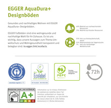 EGGER AquaDura plus Designböden Zertifikate: Blauer Engel, EU Ecolabel, PEFC, Emissionsklasse A plus und 72 Stunden Wasserresistenz.