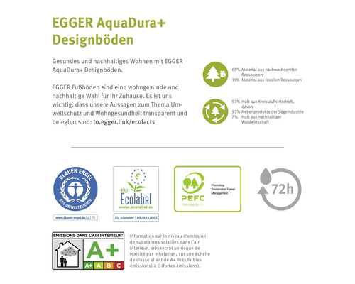 EGGER AquaDura plus Designböden Zertifikate: Blauer Engel, EU Ecolabel, PEFC, Emissionsklasse A plus und 72 Stunden Wasserresistenz.