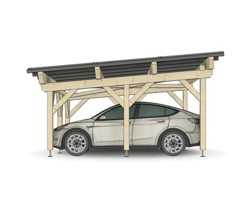 Holz-Carport mit Pultdach und geparktem Auto.