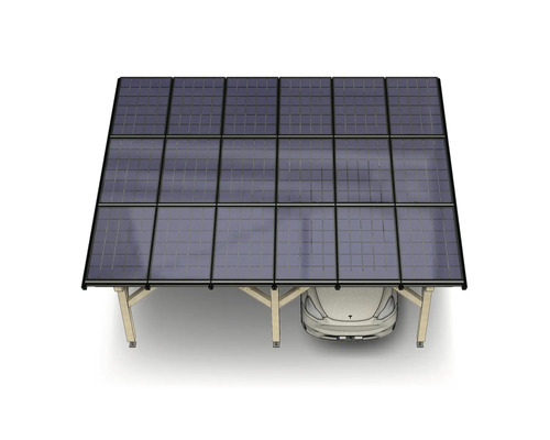 Solar-Carport aus Holz mit fünfzehn Photovoltaik-Modulen als Dach und einem darunter abgestellten Auto.
