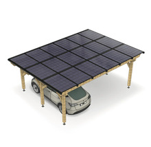 Holz-Solarcarport mit Photovoltaik-Modulen als Dach und einem darunter geparkten Auto.