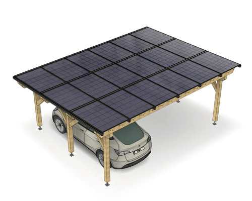 Holz-Solarcarport mit Photovoltaik-Modulen als Dach und einem darunter geparkten Auto.