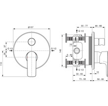 Maßzeichnung einer Unterputz-Armatur mit Abmessungen in Millimetern wie Durchmesser 157 Millimeter und Anschluss G 1/2.