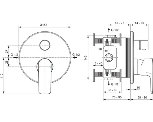 Maßzeichnung einer Unterputz-Armatur mit Abmessungen in Millimetern wie Durchmesser 157 Millimeter und Anschluss G 1/2.