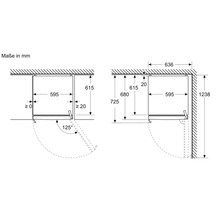 Maßzeichnung für den Geräteeinbau mit Abmessungen in Millimeter, Breite 595 Millimeter und Türöffnungswinkel von 125 Grad.