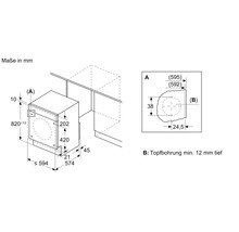 Technische Zeichnung eines Einbaugeräts mit Maßangaben in Millimeter für die Installation sowie Details zur Topfbohrung.