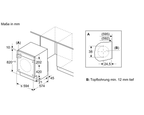 Technische Zeichnung eines Einbaugeräts mit Maßangaben in Millimeter für die Installation sowie Details zur Topfbohrung.