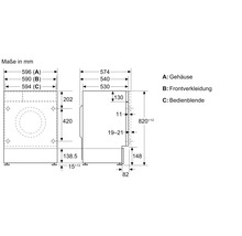 Maßzeichnung eines Haushaltsgeräts mit Angaben zu Gehäuse, Frontverkleidung und Bedienblende in Millimeter.