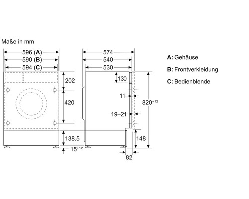 Maßzeichnung eines Haushaltsgeräts mit Angaben zu Gehäuse, Frontverkleidung und Bedienblende in Millimeter.