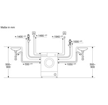 Technische Zeichnung einer Waschmaschine mit Installationsmaßen in Millimeter für Wasseranschluss, Abwasserablauf und Stromversorgung.
