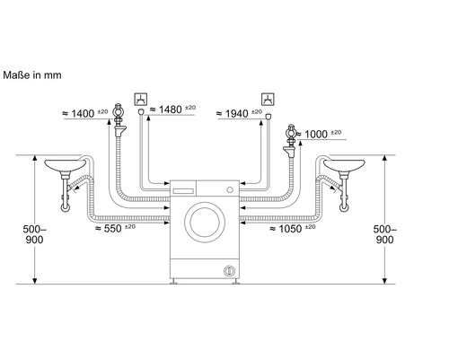 Technische Zeichnung einer Waschmaschine mit Installationsmaßen in Millimeter für Wasseranschluss, Abwasserablauf und Stromversorgung.
