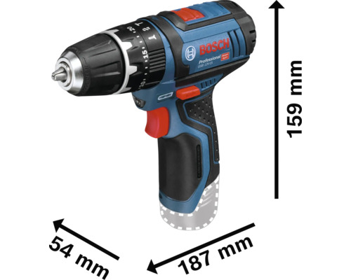 Bosch Professional Akku-Schlagbohrschrauber GSB 12V-15, Länge 187 Millimeter, Höhe 159 Millimeter, Breite 54 Millimeter.