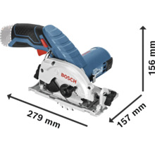 Bosch Akku-Handkreissäge mit Maßangaben: Länge 279 Millimeter, Breite 157 Millimeter und Höhe 156 Millimeter.