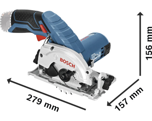 Bosch Akku-Handkreissäge mit Maßangaben: Länge 279 Millimeter, Breite 157 Millimeter und Höhe 156 Millimeter.