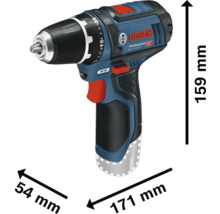 Bosch Professional Akku-Bohrschrauber GSR 10,8 Volt-15 mit Abmessungen 171 Millimeter Länge, 159 Millimeter Höhe und 54 Millimeter Breite.