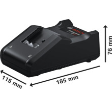 Bosch Professional Ladegerät mit Abmessungen: Länge 185 Millimeter, Breite 115 Millimeter, Höhe 76 Millimeter.