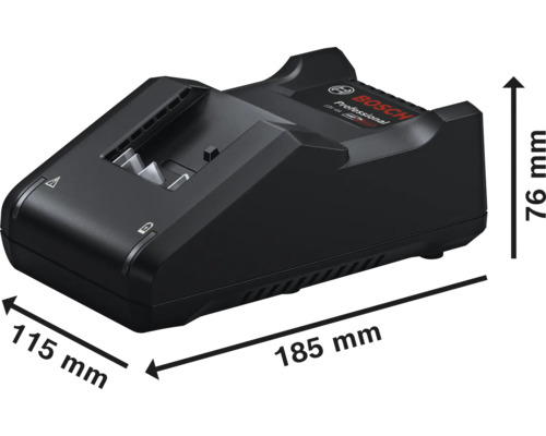 Bosch Professional Ladegerät mit Abmessungen: Länge 185 Millimeter, Breite 115 Millimeter, Höhe 76 Millimeter.